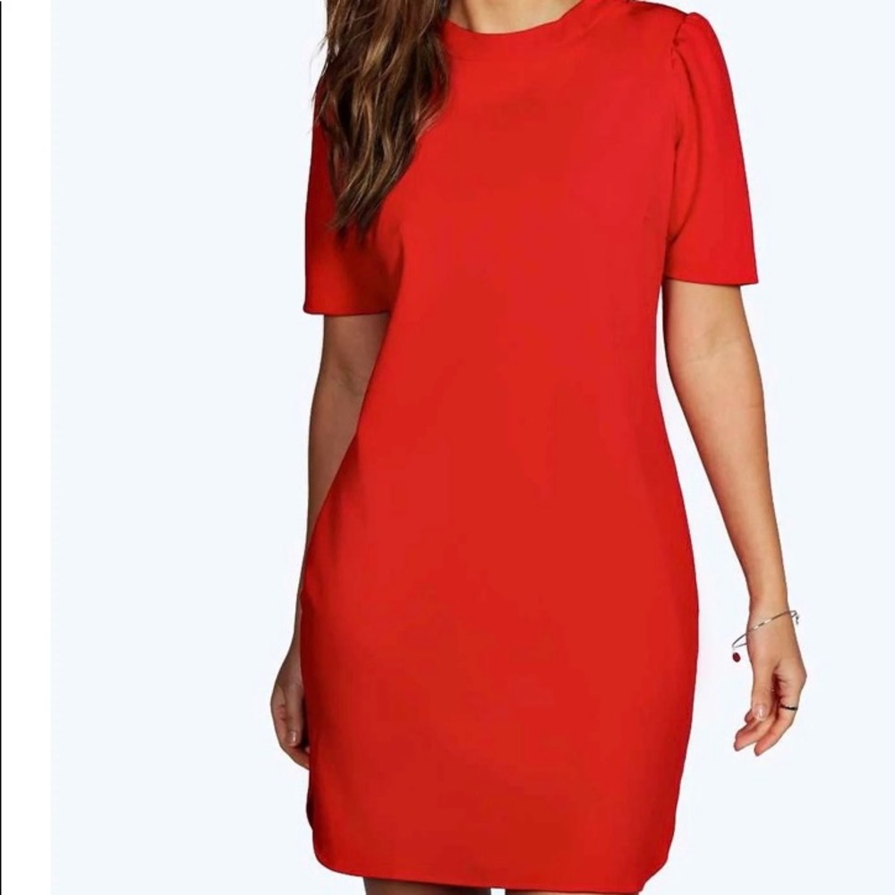 Boohoo Red Puff sleeve Curved hem Shift Dress Sz 4